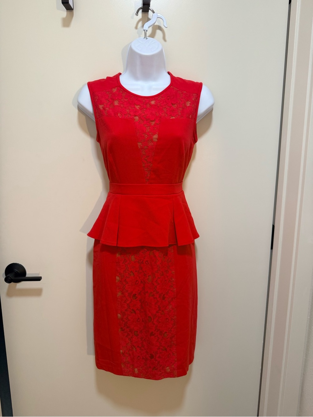 BCBGMaxAzria Light Red Lace Peplum Midi Dress